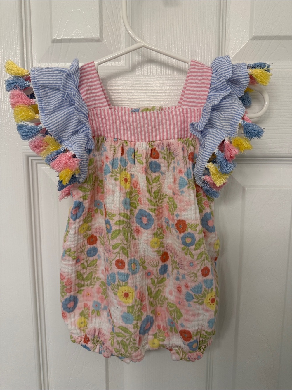 Mud Pie Pink Floral Bubble Romper with Tassel Trim